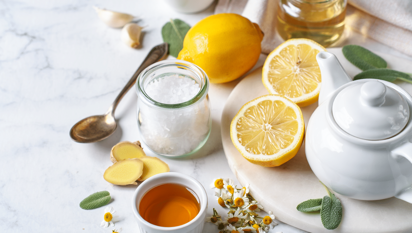 A professionally styled flat lay photograph of natural strep throat remedies on a white marble surface.