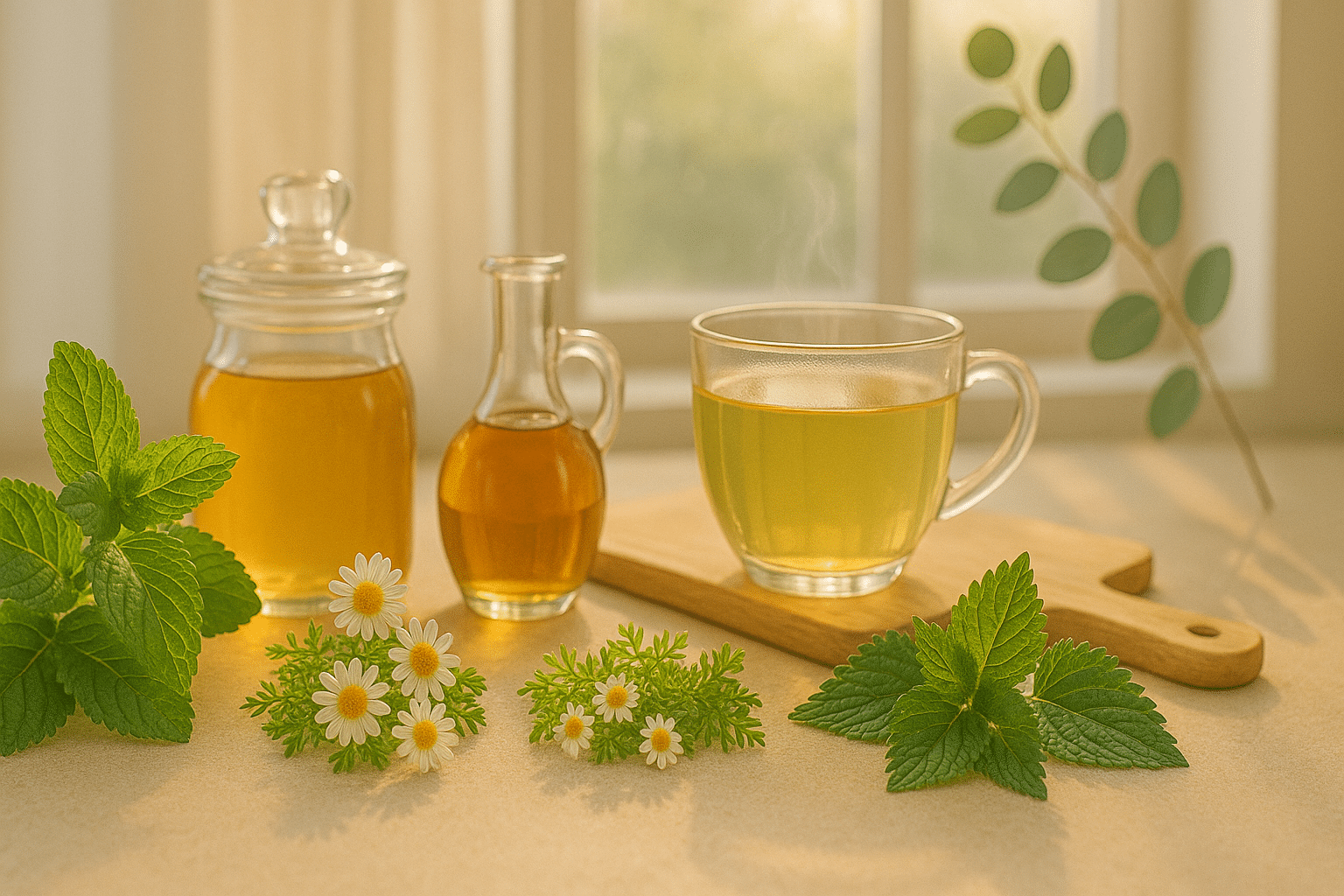 Natural home remedies for seasonal allergies with herbs, honey, and tea on a sunny counter