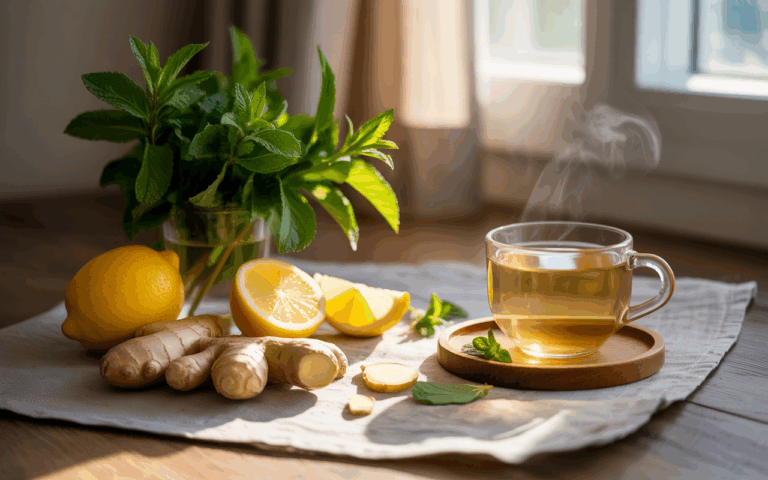 Ginger, lemon, mint, and herbal tea on a sunlit cloth for morning sickness relief