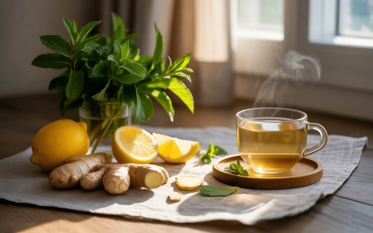 Ginger, lemon, mint, and herbal tea on a sunlit cloth for morning sickness relief