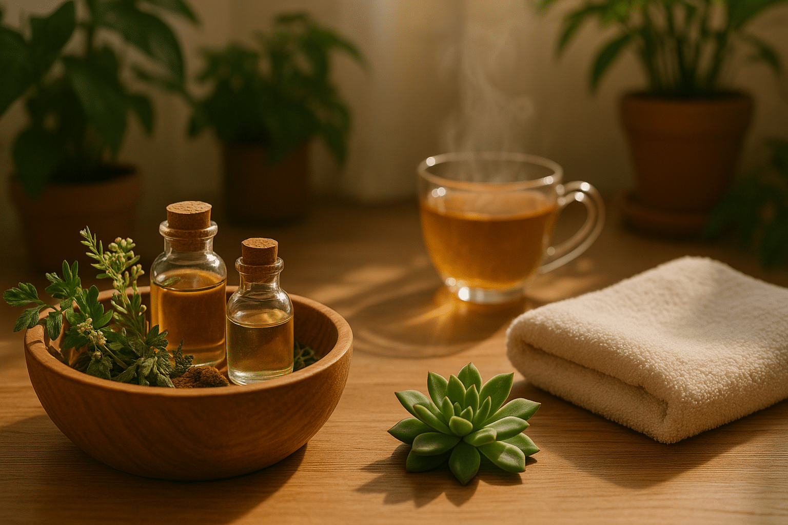 A photograph captures a scene on a sunlit wooden bathroom counter featuring a wooden bowl of essential oils and herbs, a folded towel, a green succulent, and a steaming glass cup of herbal tea, surrounded by lush indoor plants – symbolizing natural psoriasis care.