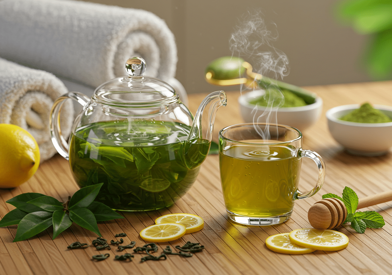 Steaming glass teapot and cup of vibrant green tea surrounded by mint leaves, lemon slices, honey dipper, and jade roller on a bamboo surface, illustrating green tea benefits for total-body wellness.