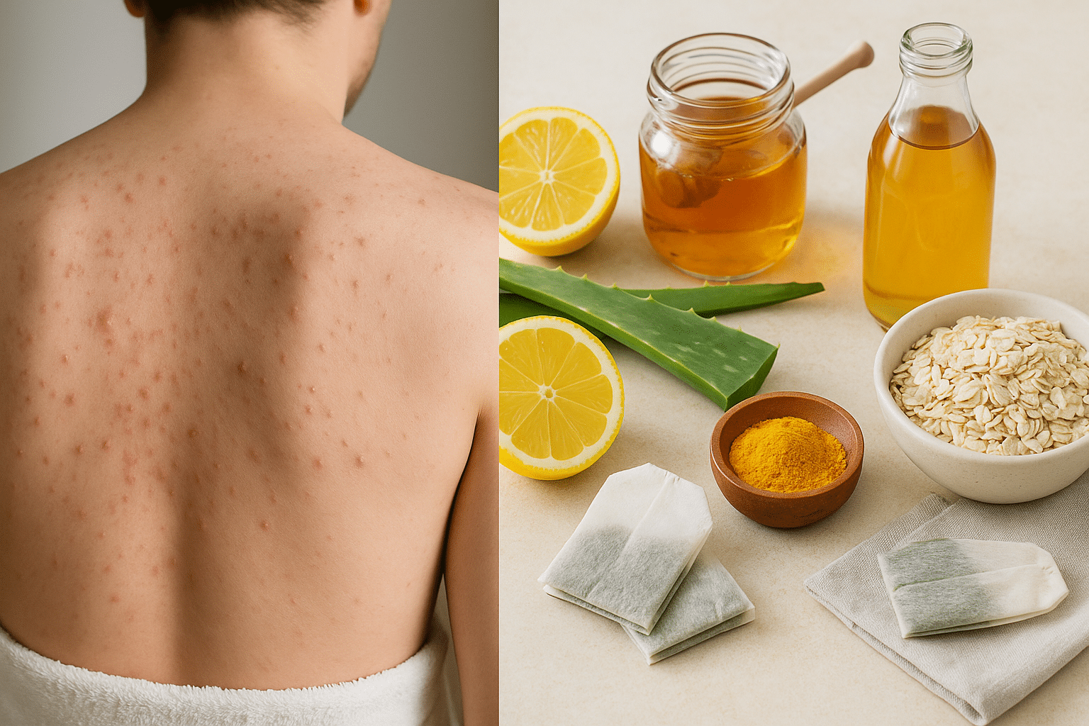 Split image showing a person with back acne on the left and natural kitchen remedies like lemon, honey, turmeric, and aloe vera on the right, highlighting home treatments for back acne