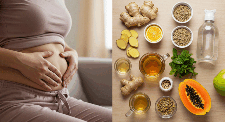 Woman with bloated belly and natural remedies like ginger, tea, and yogurt for bloating relief