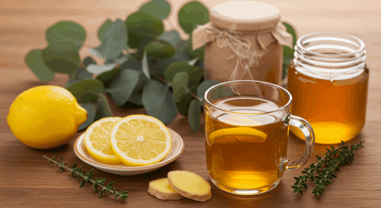 Steaming mug of honey-lemon tea with fresh ginger slices, lemon rounds, a jar of honey, and thyme sprigs on a wooden table, illustrating natural cough relief remedies for adults.