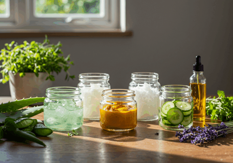Jars of natural sunburn relief remedies—aloe vera gel, turmeric paste, coconut oil, cucumber slices, lavender sprigs, and soothing herbal oil—arranged on a sunlit wooden table.