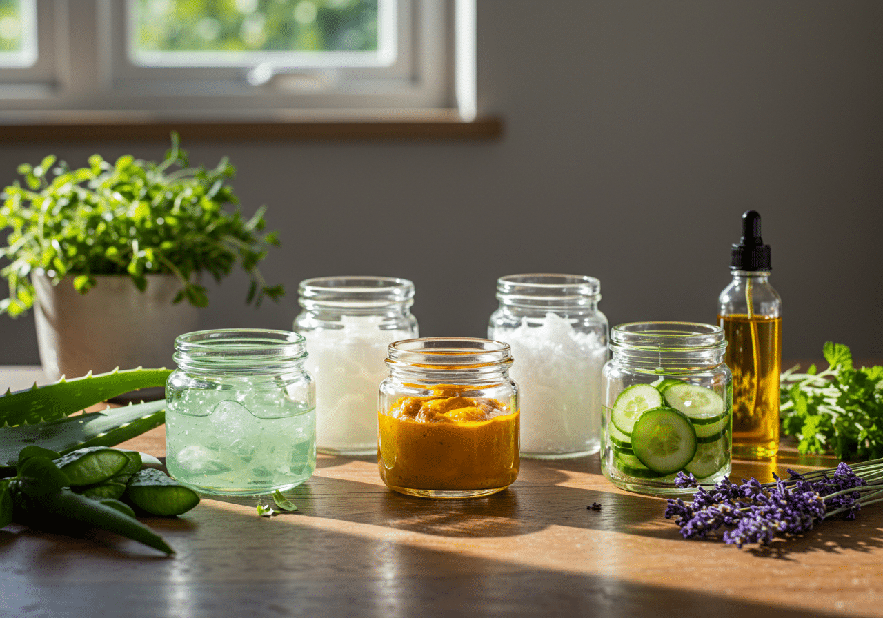 Jars of natural sunburn relief remedies—aloe vera gel, turmeric paste, coconut oil, cucumber slices, lavender sprigs, and soothing herbal oil—arranged on a sunlit wooden table.