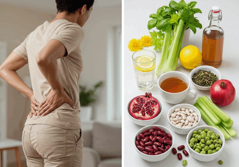 Split image showing a woman holding her lower back in pain on the left, and natural kidney stone remedies like lemon water, apple cider vinegar, celery, basil, and pomegranate on the right.