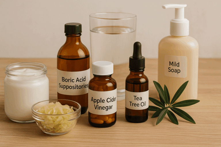 Jar of probiotic yogurt, sauerkraut, boric acid suppositories, apple cider vinegar, tea tree oil, water glass, and mild soap on wooden surface