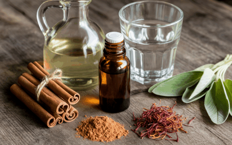 Cinnamon sticks, cinnamon powder, Vitex agnus-castus bottle, clary sage oil, apple cider vinegar, glass of water, sage leaves, saffron threads on wooden table