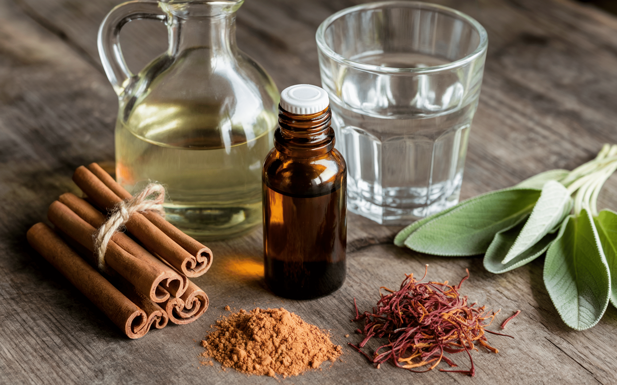 Cinnamon sticks, cinnamon powder, Vitex agnus-castus bottle, clary sage oil, apple cider vinegar, glass of water, sage leaves, saffron threads on wooden table