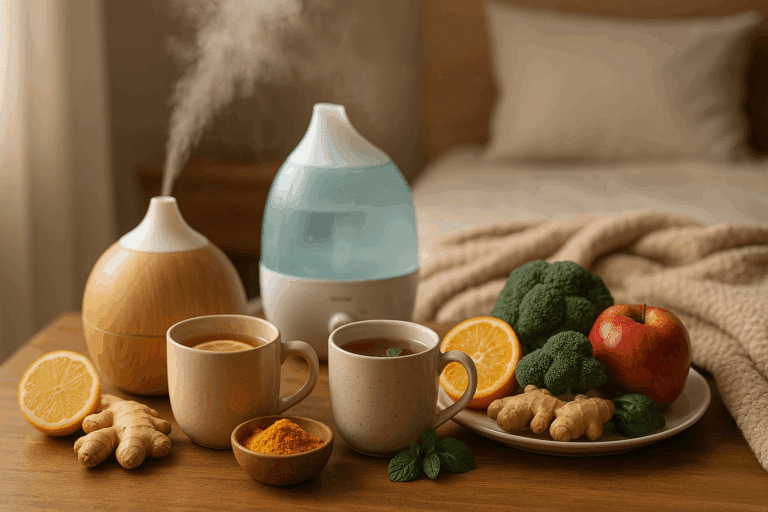 Ginger and turmeric herbal teas with humidifier and fruit on bedside for pneumonia recovery