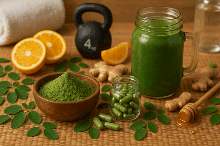 Fresh moringa powder, leaves, smoothie, and capsules with kettlebell, citrus, ginger, and honey on bamboo mat, illustrating moringa benefits for energy and immunity.