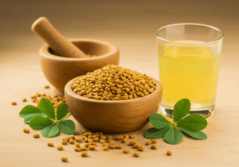 Wooden bowl of fenugreek seeds with fresh leaves and crushed seeds in a mortar, illustrating hormonal balance and metabolism benefits.