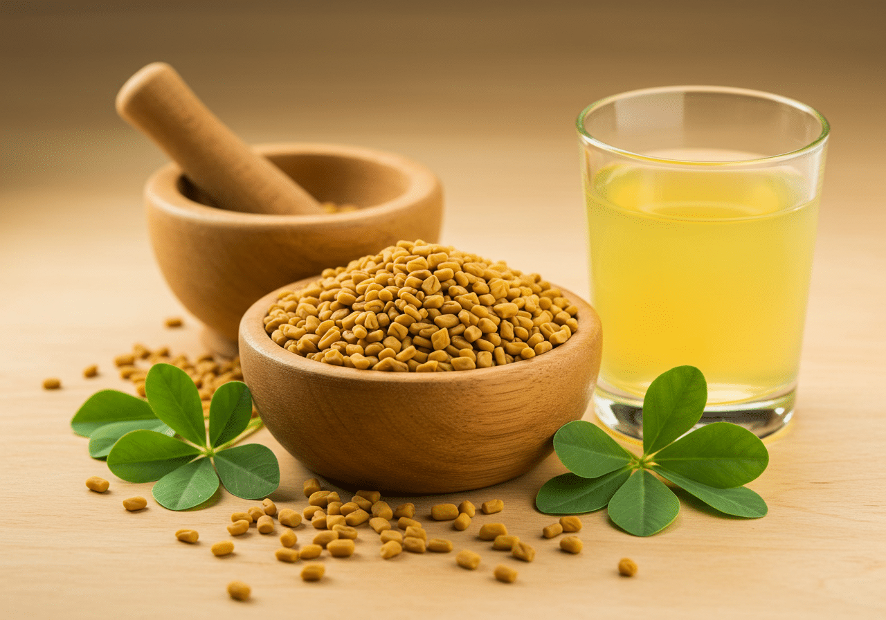 Wooden bowl of fenugreek seeds with fresh leaves and crushed seeds in a mortar, illustrating hormonal balance and metabolism benefits.