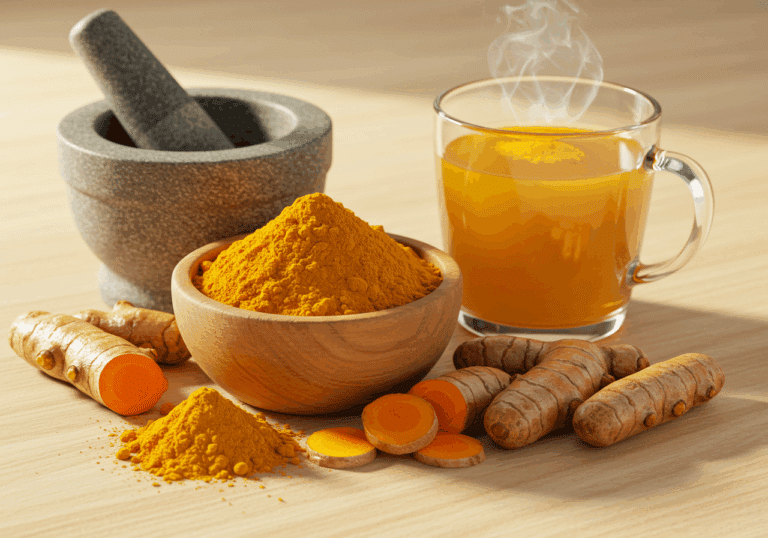 Wooden bowl of golden turmeric powder, fresh turmeric roots, mortar and pestle, and turmeric-infused tea, illustrating inflammation relief, immune support, and overall health benefits.