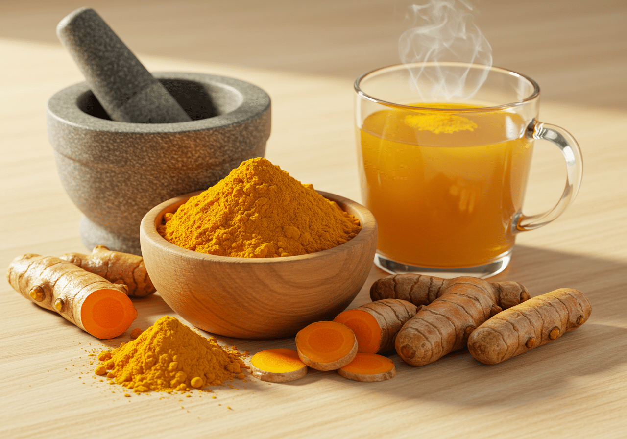 Wooden bowl of golden turmeric powder, fresh turmeric roots, mortar and pestle, and turmeric-infused tea, illustrating inflammation relief, immune support, and overall health benefits.