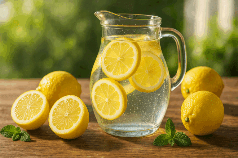 Glass pitcher of lemon water with floating lemon slices and mint, illustrating digestion, detox, and daily vitality benefits.