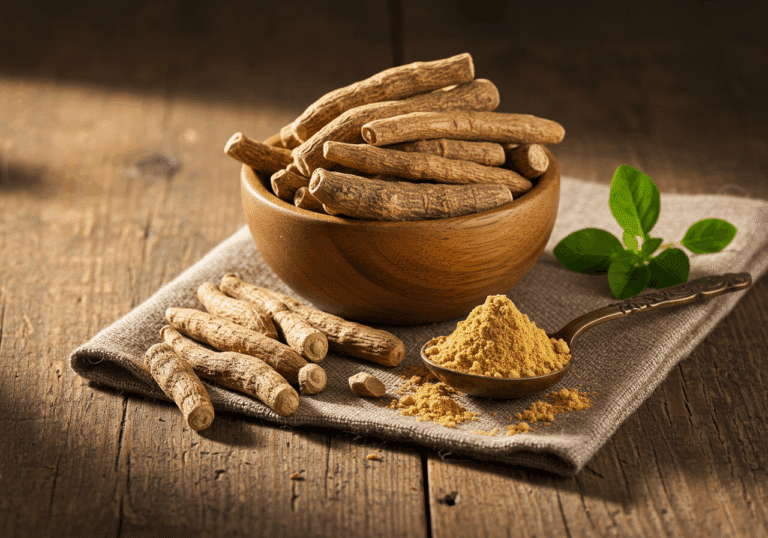 Wooden bowl of ashwagandha roots and powder on a rustic table, illustrating the top 9 ashwagandha benefits for natural stress relief, energy, and overall wellness
