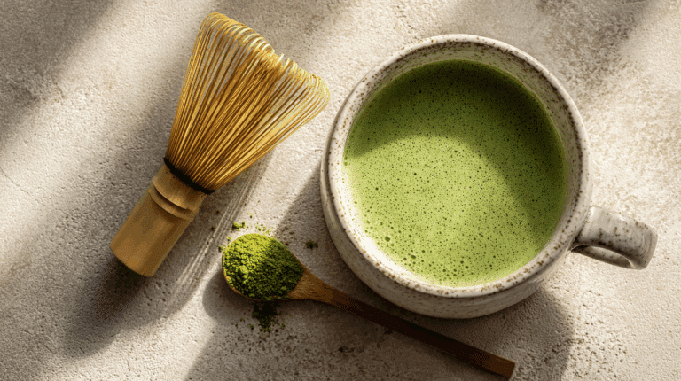 Minimalist top view of a ceramic cup filled with vibrant green matcha tea