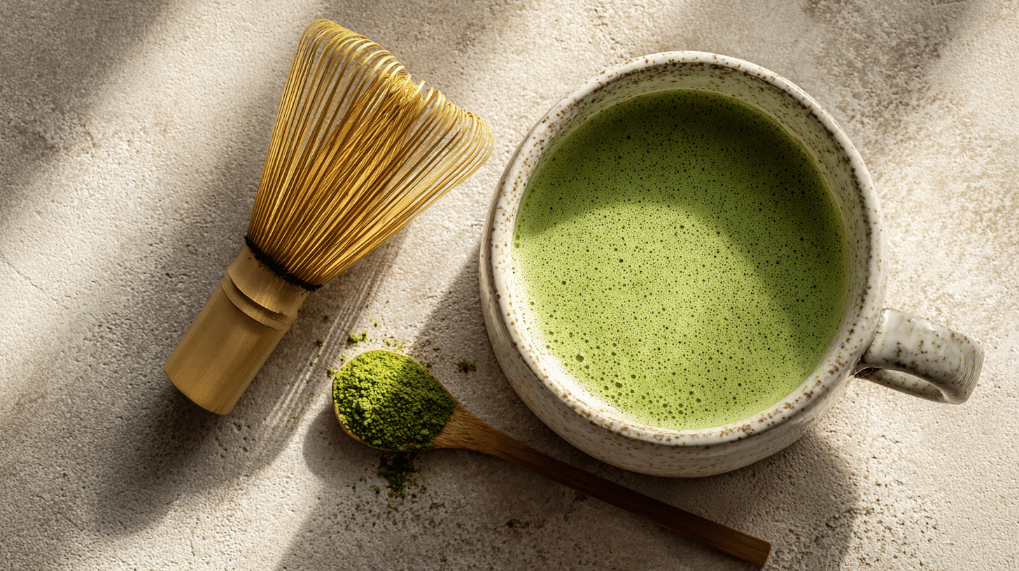 Minimalist top view of a ceramic cup filled with vibrant green matcha tea