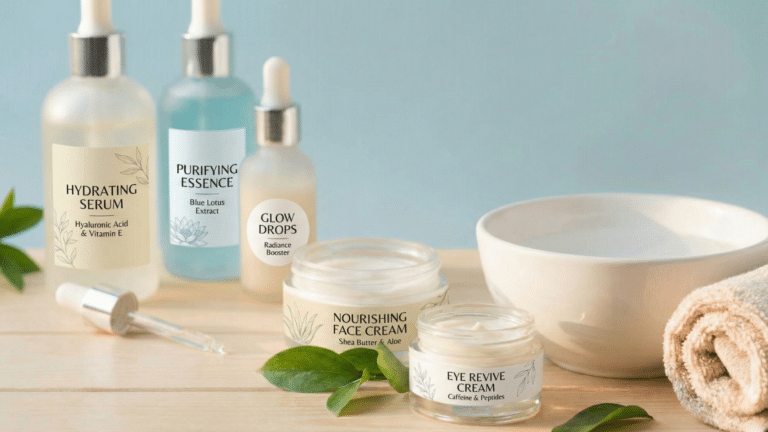 Natural skincare products and spa essentials on a wooden table