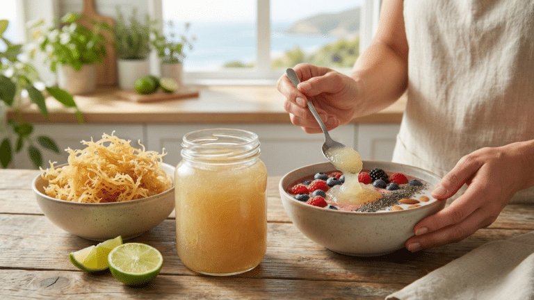 Woman using a spoon to add homemade sea moss gel to a breakfast smoothie bowl