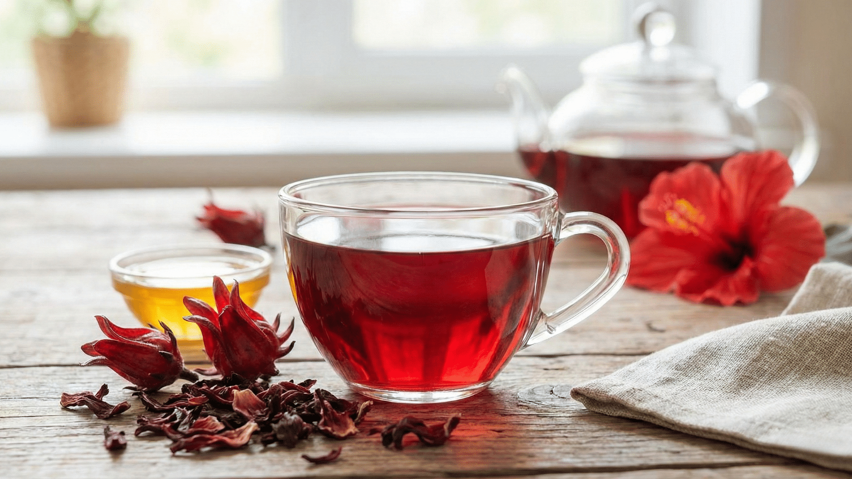 freshly brewed cup of red herbal hibiscus tea with honey and hibiscus flowers