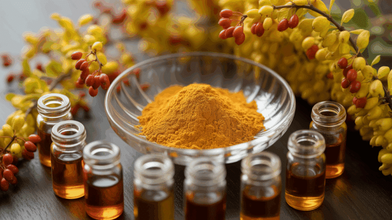 golden berberine powder in an elegant glass dish, surrounded by vibrant yellow barberry stems