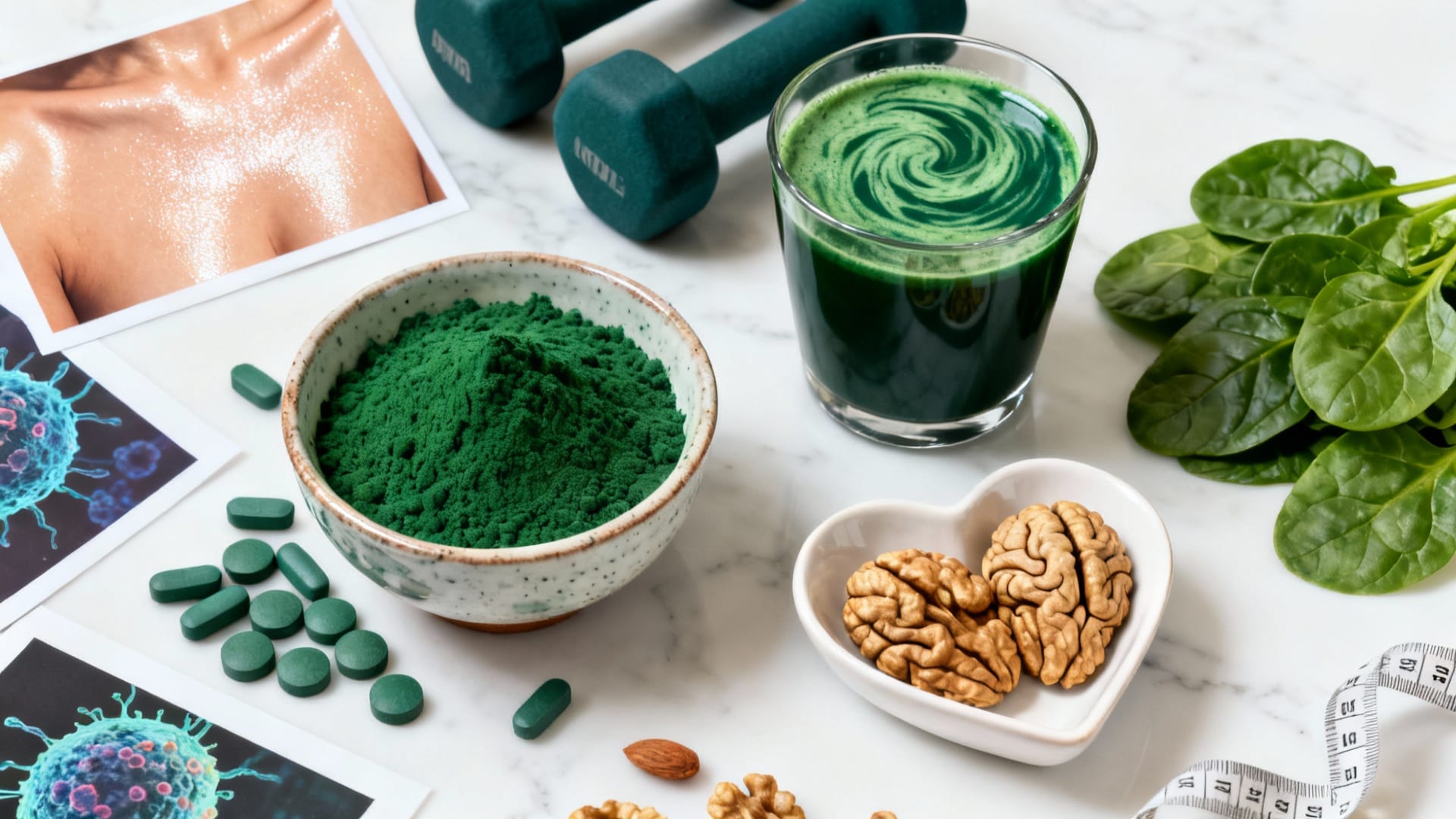 Flat lay of spirulina powder, tablets, and green juice surrounded by dumbbells and walnuts representing top spirulina health benefits.