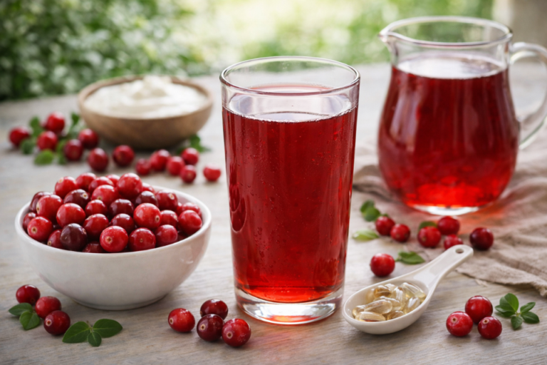 A glass and pitcher of cranberry juice on a table with a bowl of fresh cranberries, a bowl of yogurt, and a spoon holding capsules nearby.