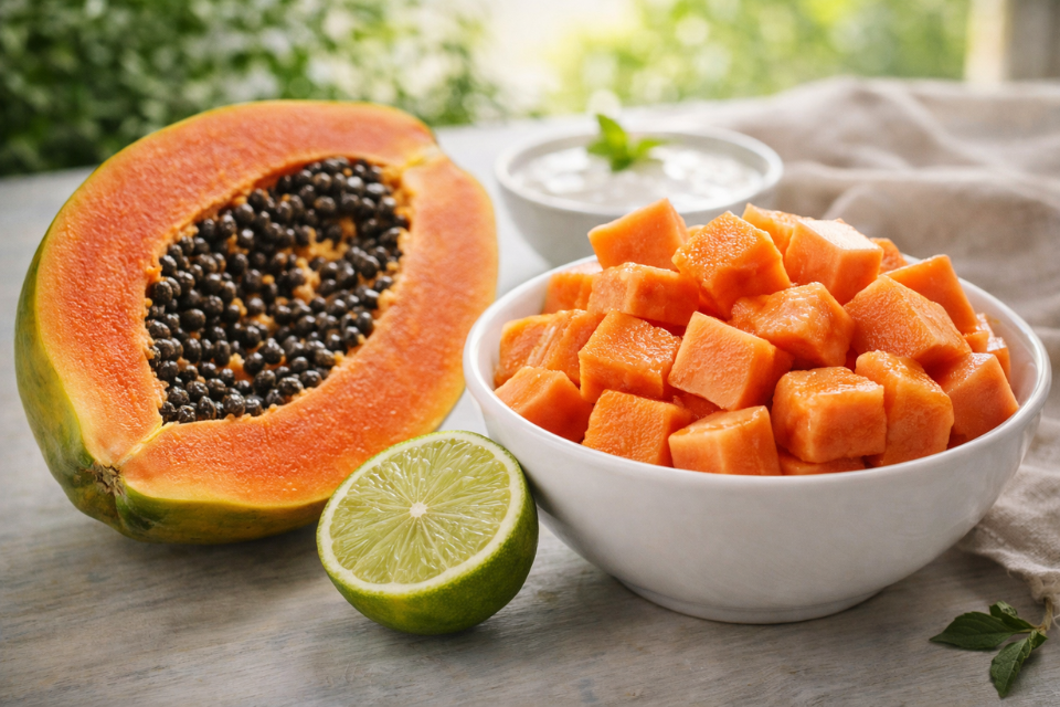 A halved papaya, a halved lime, and a bowl of cubed papaya are arranged on a table with a small bowl of sauce in the background.