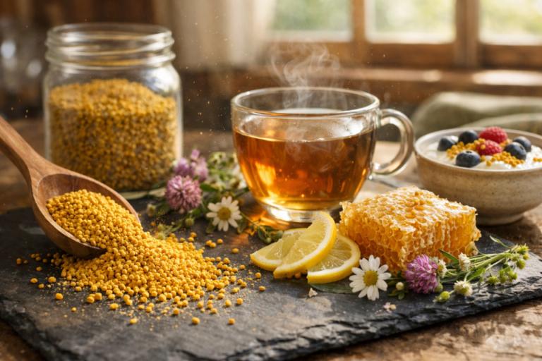Golden bee pollen granules spill from a wooden spoon onto a rustic slate board