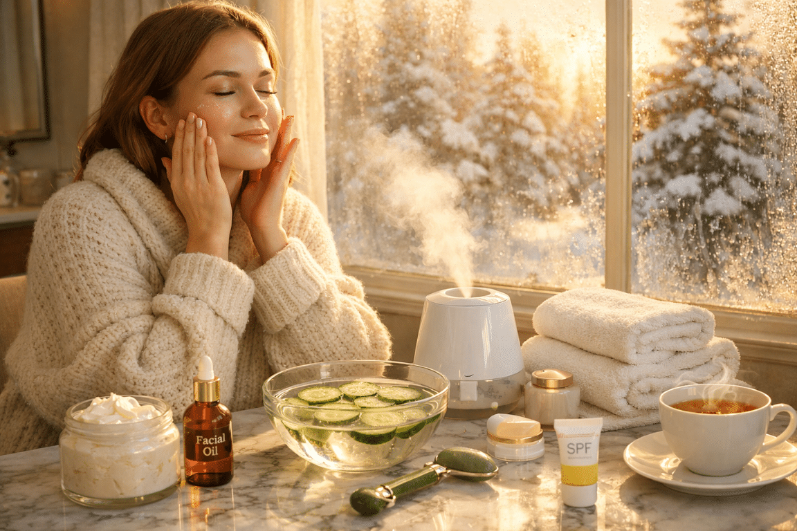 Winter Morning skincare ritual by the window