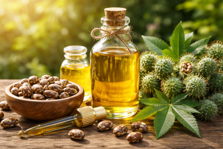 Bottles of castor oil, a bowl of castor oil capsules, a dropper, fresh castor beans, and castor leaves displayed on a wooden surface outdoors.