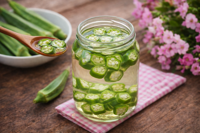 A glass jar filled with okra slices in water sits on a pink checkered cloth, with whole okra pods and pink flowers nearby.