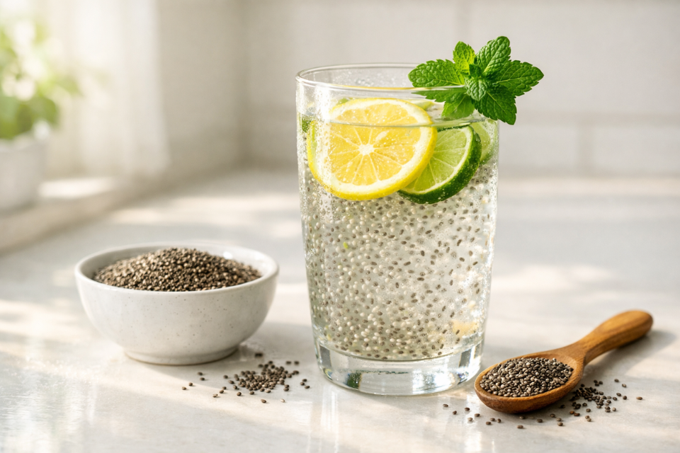 A glass of chia seed water with lemon, lime slices, and mint next to a bowl and a wooden spoon filled with chia seeds on a light countertop.