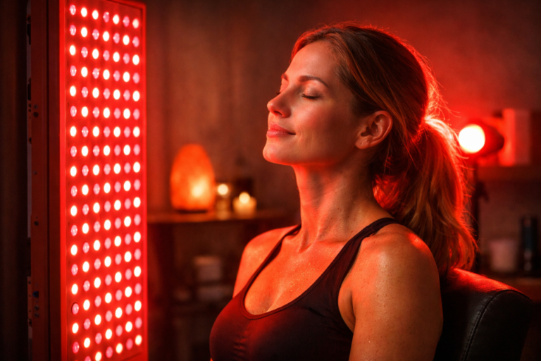 A woman sits with eyes closed, facing an illuminated red light therapy panel in a dimly lit room.