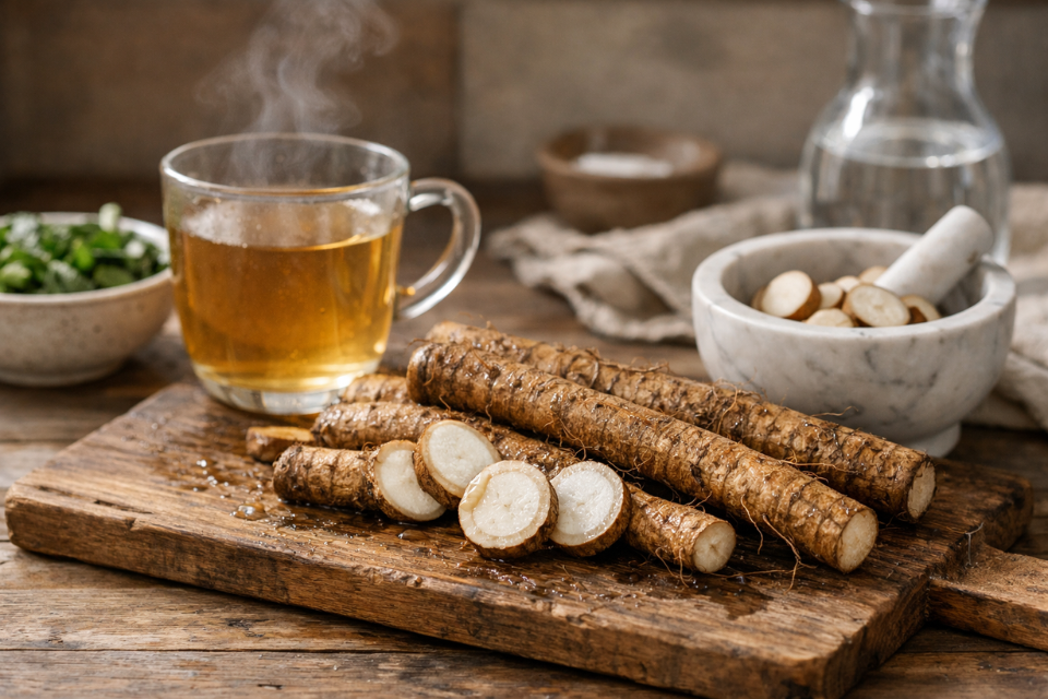 Rustic kitchen with burdock roots and tea