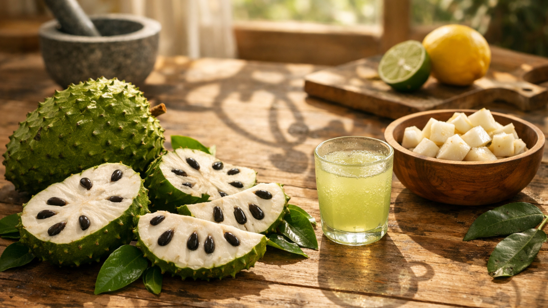 A sliced soursop fruit, a glass of juice, a wooden bowl with white cubes, a halved lime, and a yellow lemon are arranged on a rustic wooden table.