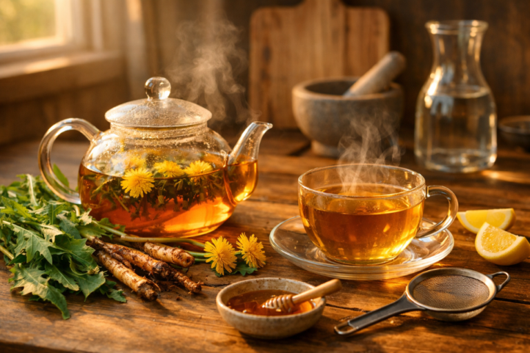 clear glass teapot and cup of steaming dandelion tea on a wooden table