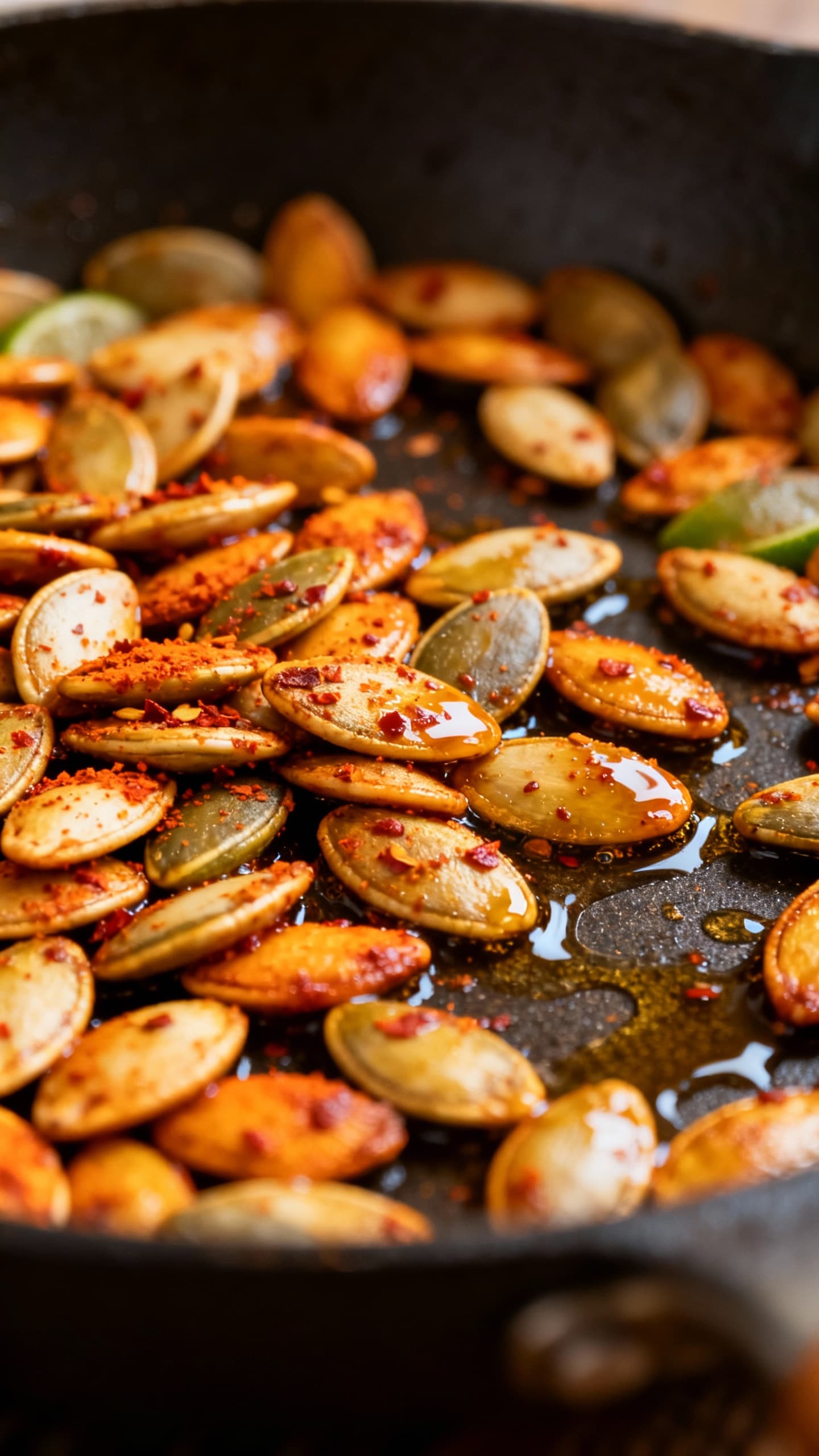 Closeup of toasted pumpkin seeds in skillet, chili-lime seasoning, visible oil sheen