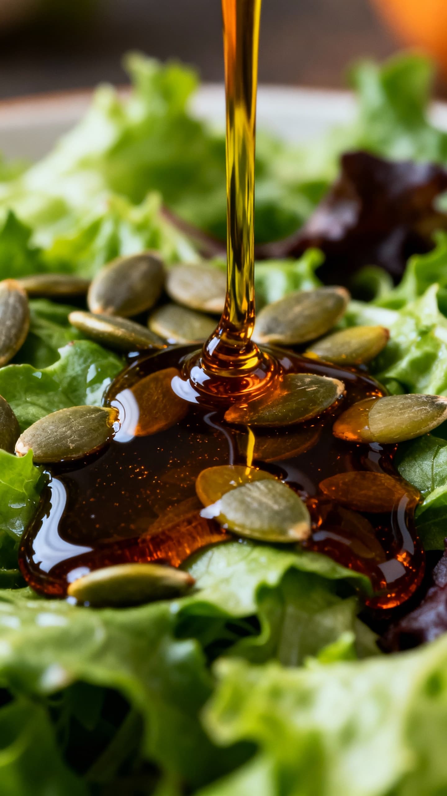Dark amber pumpkin seed oil drizzling over green salad, macro shot, glossy texture