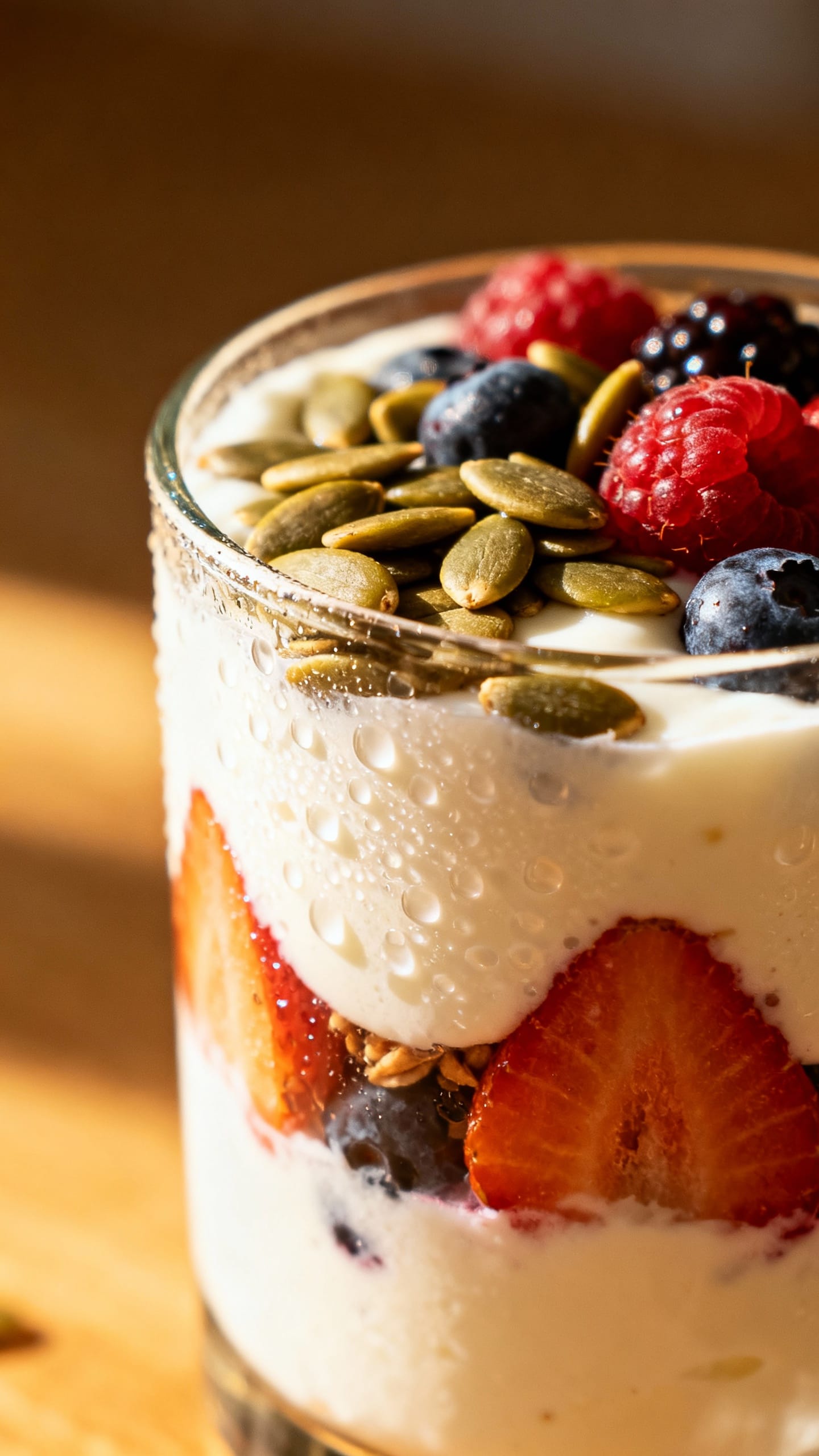 Glass yogurt parfait topped with pumpkin seeds and berries, side-lit, condensation on glass