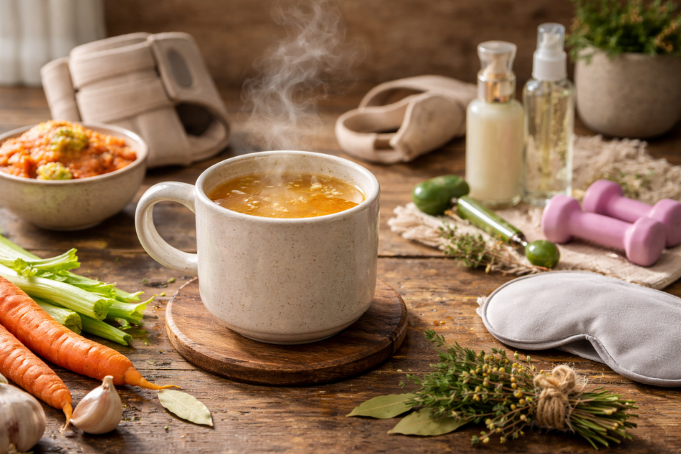 steaming ceramic mug of golden bone broth on a worn wooden table