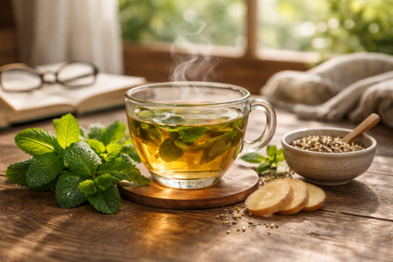 steaming cup of peppermint tea on a rustic wooden table