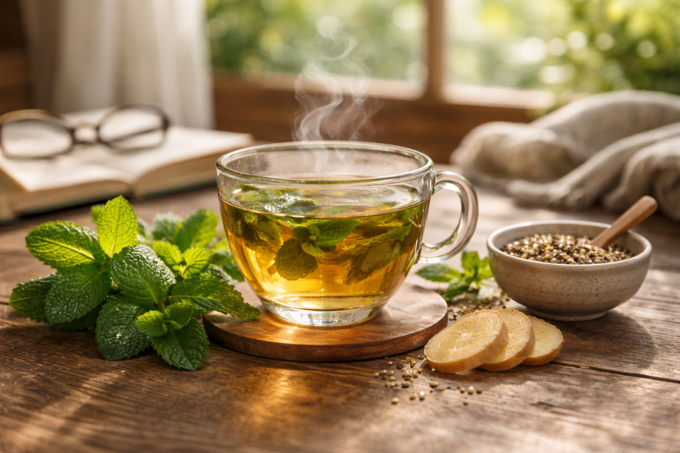 steaming cup of peppermint tea on a rustic wooden table