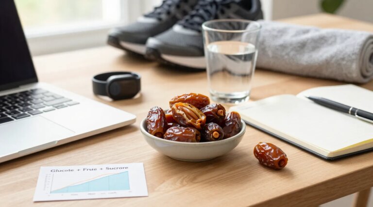 A bowl of dates on a desk with a laptop, glass of water, smartwatch, notebook, towel, sneakers, and a paper with a glucose chart.
