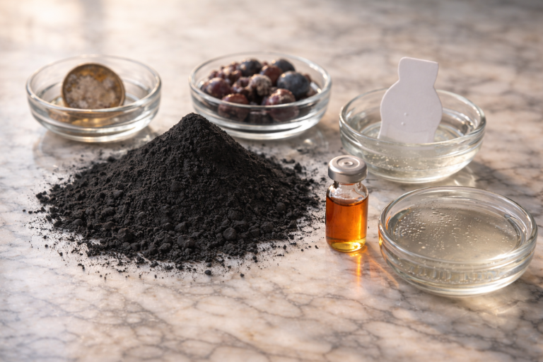 Activated charcoal powder with five small glass dishes surrounding it