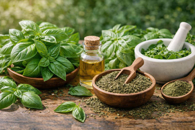 Basil in fresh and dried forms